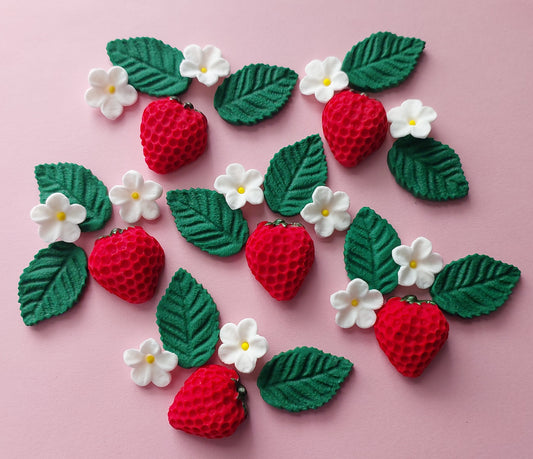 Strawberries, leaves and mini blossoms. Edible fondant icing decorations by Cake Candy NZ
