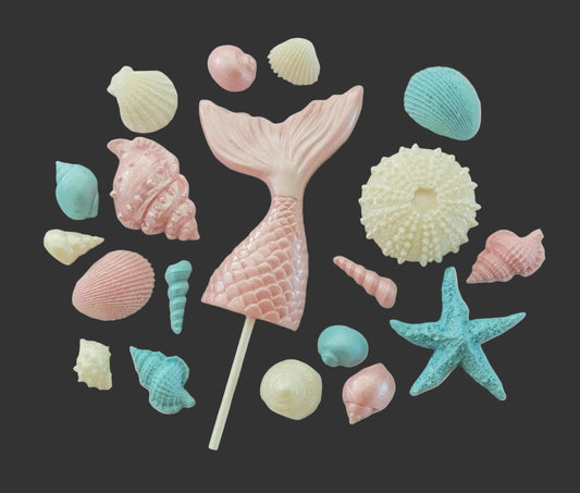 Pink mermaid tail  surrounded by colorful shells, edible chocolate decorations by Cake Candy NZ