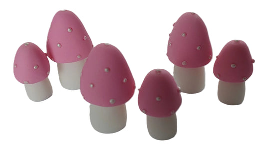 Set of six pink and white toadstools / mushrooms. Edible fondant icing decorations by Cake Candy NZ