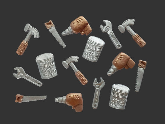 15 small tools, silver and bronze colour. Edible fondant icing decorations by Cake Candy NZ