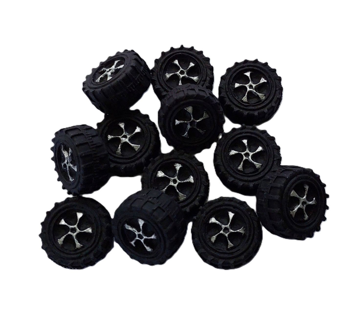 twelve mini black tyres, edible fondant icing decorations by Cake Candy NZ