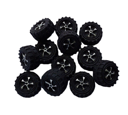 twelve mini black tyres, edible fondant icing decorations by Cake Candy NZ