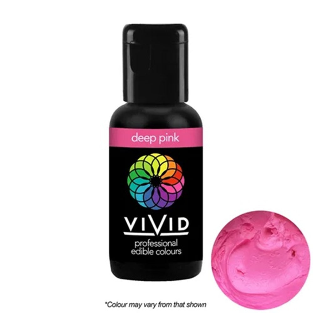 Bottle of VIVID deep pink edible colorant with a small sample on a white background