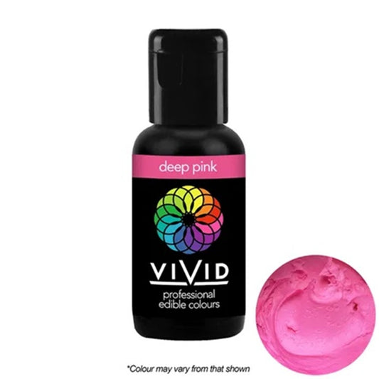 Bottle of VIVID deep pink edible colorant with a small sample on a white background
