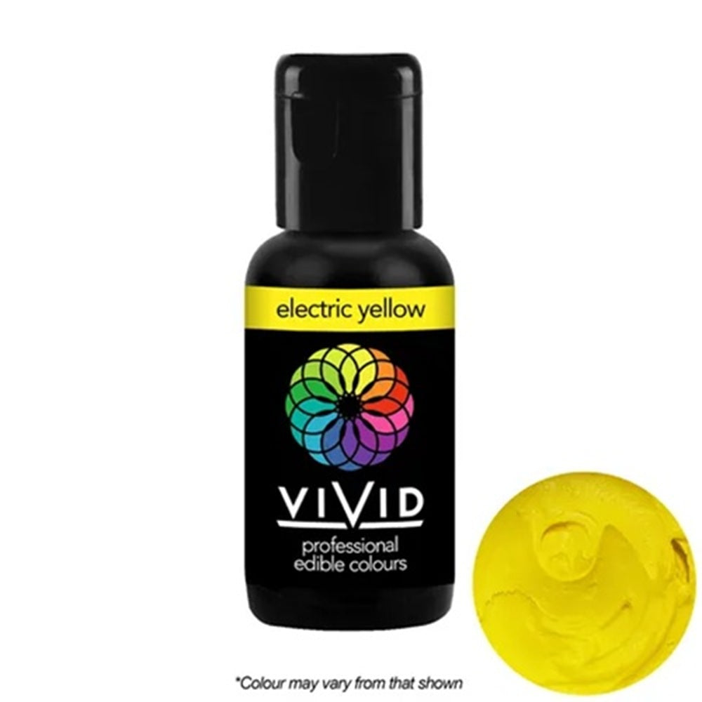 Vivid electric yellow food color bottle with a small sample on a white background