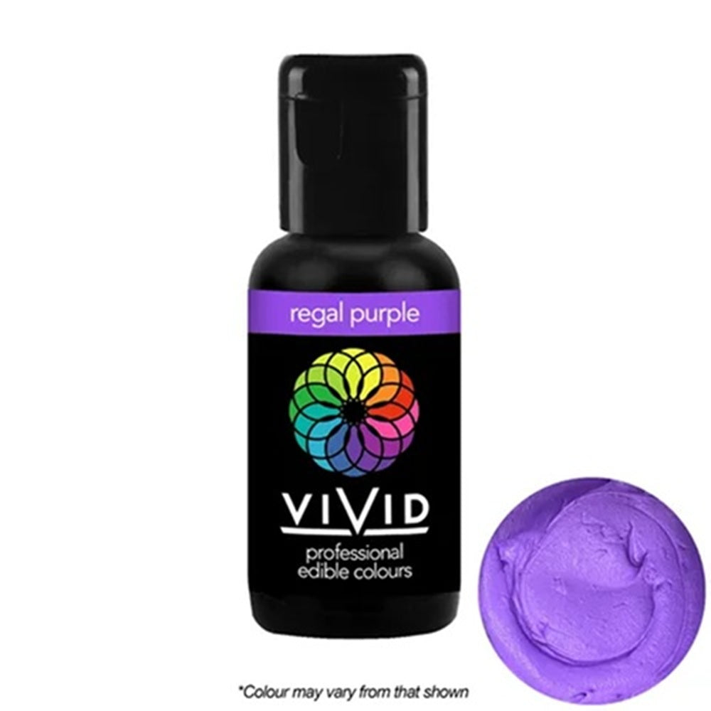 Vivid professional edible colors bottle with regal purple color swatch on a white background