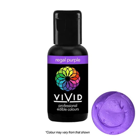 Vivid professional edible colors bottle with regal purple color swatch on a white background