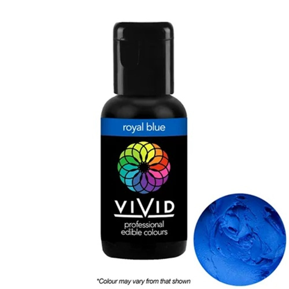 Vivid royal blue edible colorant bottle with a sample swatch on a white background