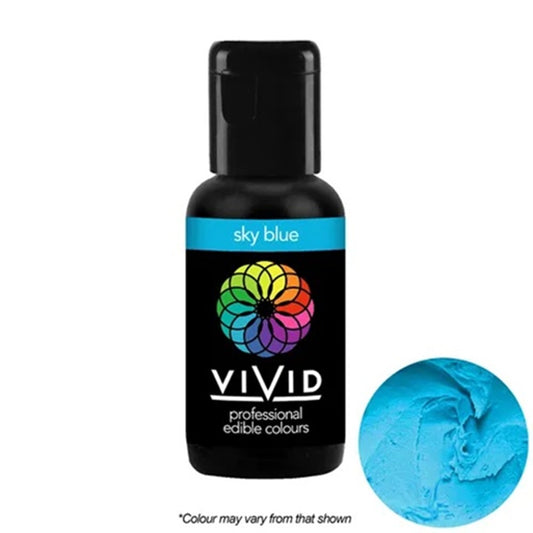 Vivid professional edible colors bottle with sky blue color swatch on a white background