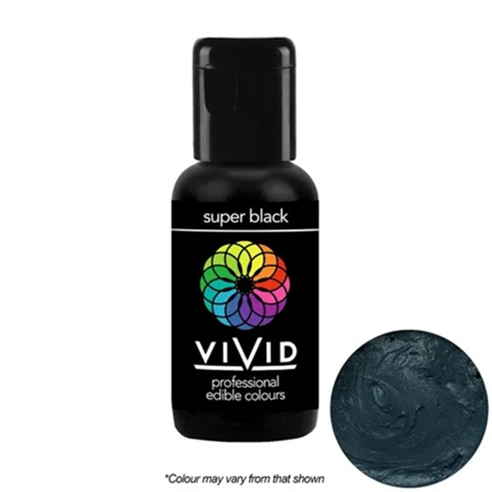 Vivid super black edible colorant bottle with a swatch of color on a white background