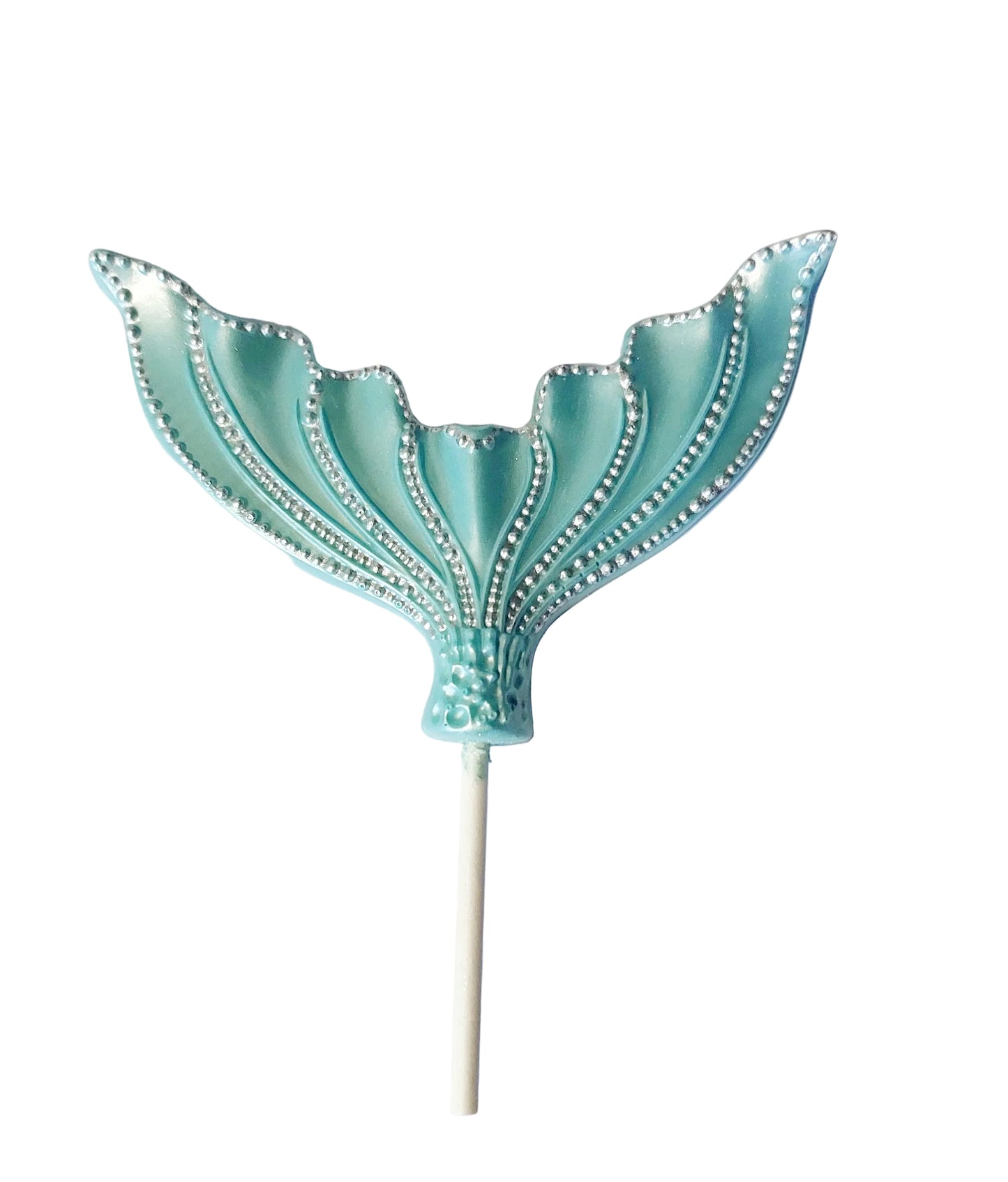Wide mermaid tail in blue colour with silver accents, edible chocolate decoration by Cake Candy NZ